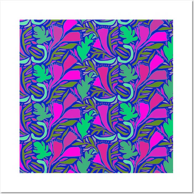 Tropical Block Print Flowers - Pink Navy Green Wall Art by Esprit-Mystique